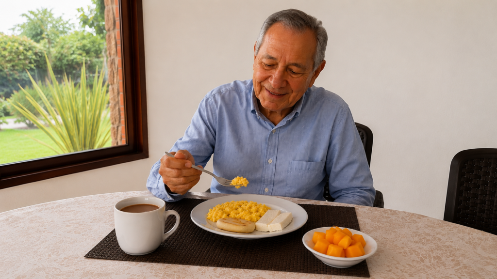 Adulto mayor sentado en una mesa de comedor junto a una ventana con vista al jardín, disfrutando un desayuno colombiano compuesto por huevos revueltos, arepa con queso, fruta fresca y una taza de chocolate caliente. La escena transmite tranquilidad, bienestar y atención personalizada en un entorno acogedor y luminoso.