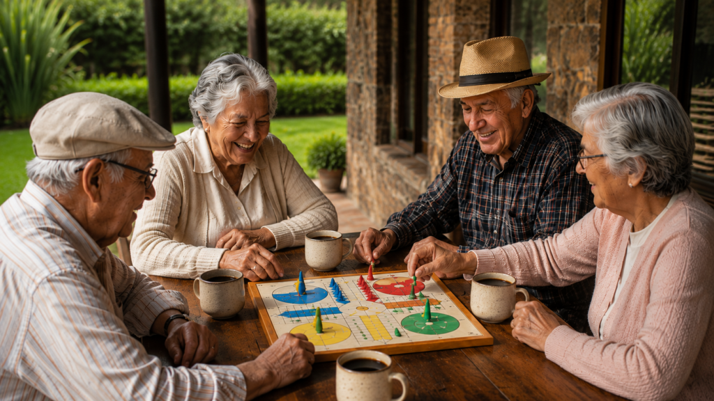 Cuatro personas mayores comparten una partida de parqués alrededor de una mesa de madera en el corredor exterior de una casa campestre de estilo rústico. Sonríen y conversan mientras juegan, acompañados por cuatro tazas de café. Al fondo se observan detalles de piedra, madera y jardines verdes, creando un ambiente cálido, tranquilo y acogedor