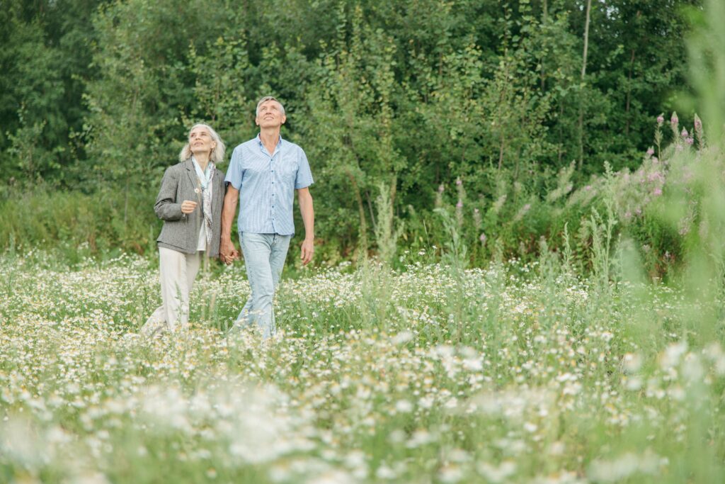 An elderly couple enjoying a peaceful walk in a scenic flower field on a sunny day.